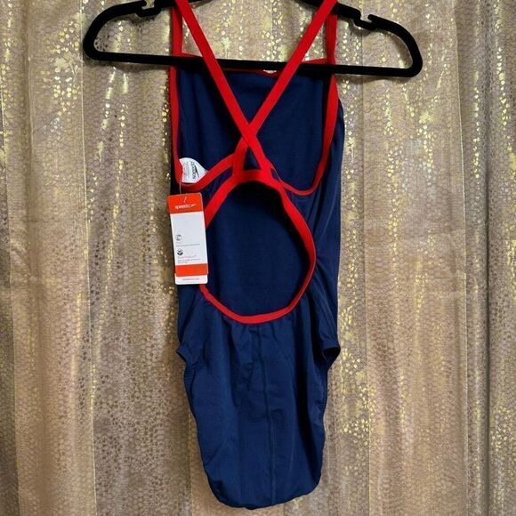 Speedo Navy Blue Red Endurance Thin Strap One Piece Sport Swim 6/32 Med NWT - Picture 2 of 9
